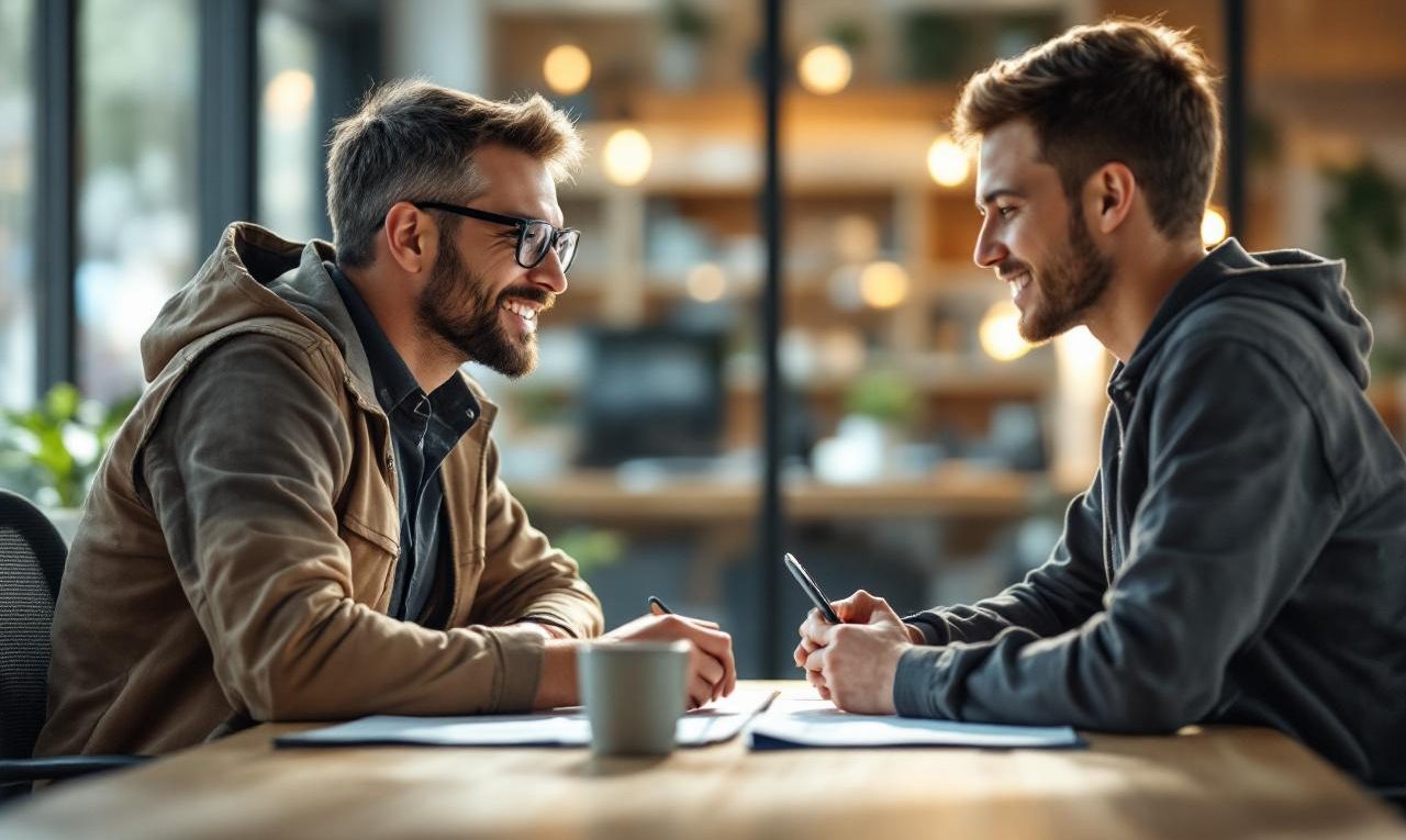 Un travailleur temporaire discute avec un recruteur dans un bureau d'agence moderne en verre et bois, lumière naturelle douce, tonalités beiges et grises, atmosphère professionnelle et détendue.