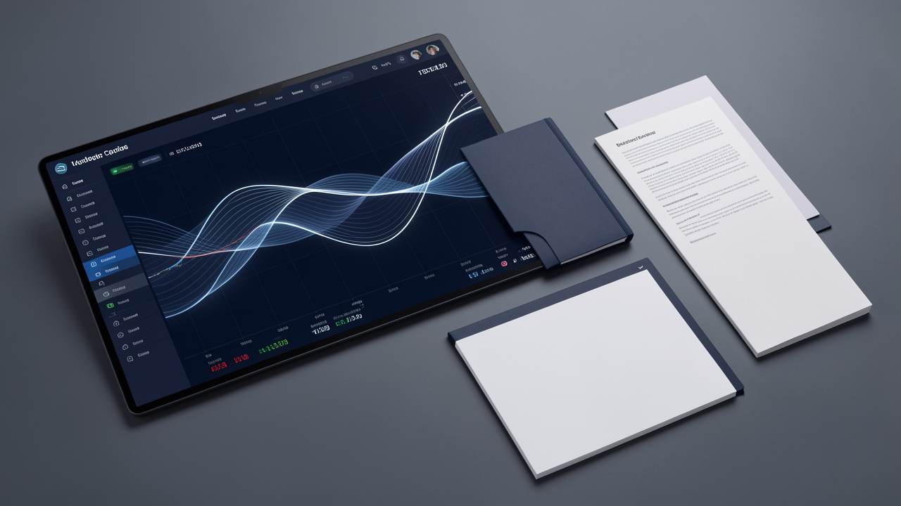 Illustration financière sobre présentant un tableau de bord boursier abstrait, une courbe de trésorerie lumineuse et des documents d’analyse vierges dans des tons bleu nuit et gris.