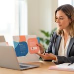 Une consultante en médias sociaux compare deux dossiers neutres dans un bureau moderne afin de choisir une solution professionnelle pour un grand client.