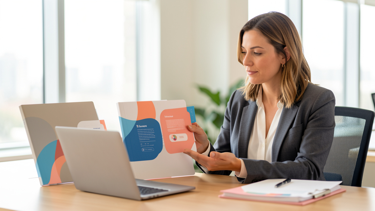 Une consultante en médias sociaux compare deux dossiers neutres dans un bureau moderne afin de choisir une solution professionnelle pour un grand client.