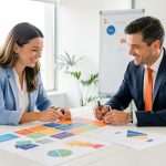 Une responsable marketing et un responsable commercial alignent ensemble une stratégie de qualification de prospects B2B dans un bureau moderne.