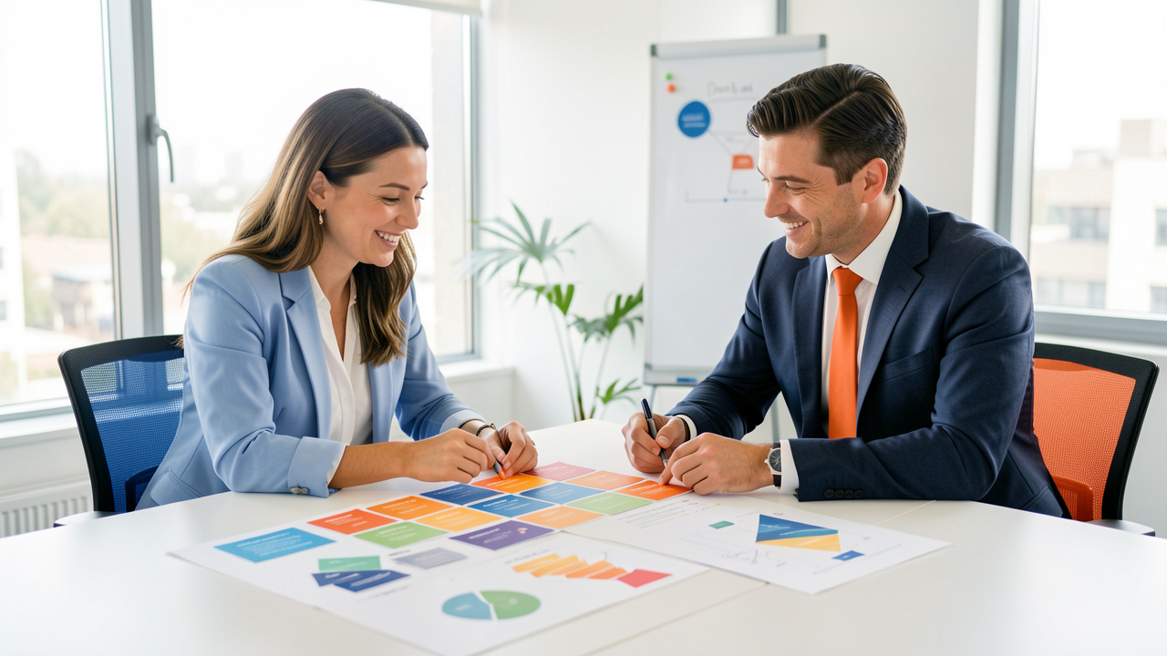 Une responsable marketing et un responsable commercial alignent ensemble une stratégie de qualification de prospects B2B dans un bureau moderne.