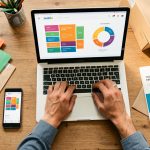 Vue de dessus d’un espace de travail organisé pour planifier le budget marketing d’un commerce en ligne, avec emballages, ordinateur portable, smartphone et éléments colorés représentant différentes allocations.