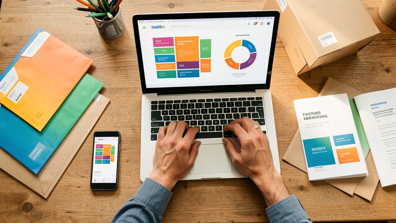 Vue de dessus d’un espace de travail organisé pour planifier le budget marketing d’un commerce en ligne, avec emballages, ordinateur portable, smartphone et éléments colorés représentant différentes allocations.