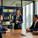 Une consultante présente des résultats B2B anonymisés à deux collègues dans une salle de réunion moderne, avec des graphiques abstraits et lumineux.
