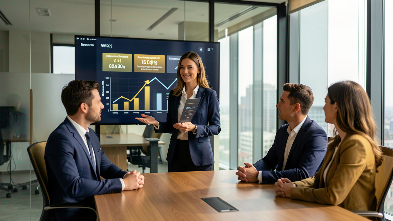 Une consultante présente des résultats B2B anonymisés à deux collègues dans une salle de réunion moderne, avec des graphiques abstraits et lumineux.