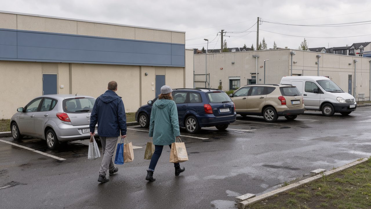 Zone commerciale près de Dieppe avec parking, façades sobres de magasins et un homme et une femme transportant leurs achats vers leurs voitures.